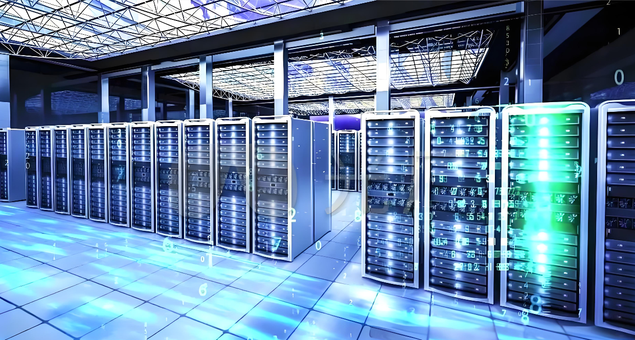 桌面云解决方案展示，现代化办公环境，多台显示器显示云桌面界面，蓝色背景灯光，明亮自然光