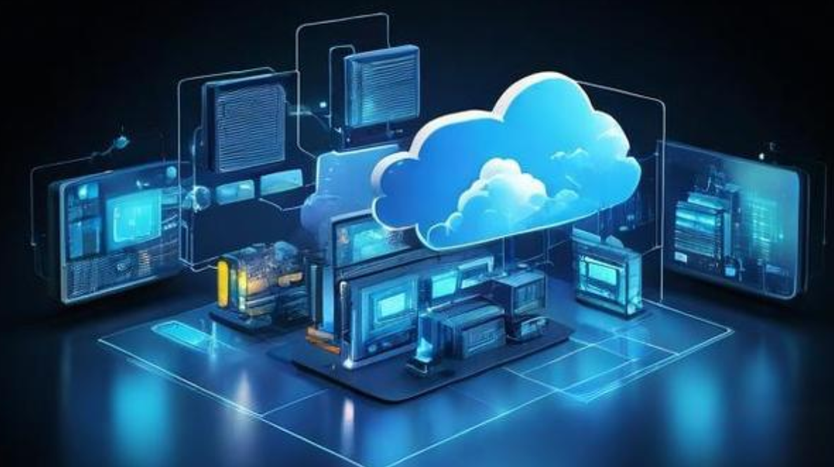 网络安全解决方案展示，防火墙设备，网络安全监控界面，技术人员在操作，蓝色背景灯光